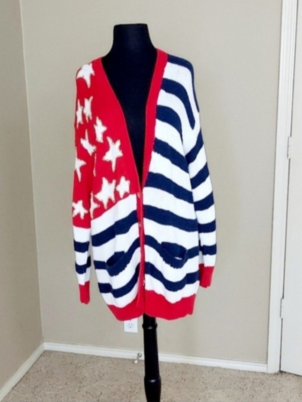 Vintage Pronton Moda Women's America Flag Open Front Cardigan SZ L